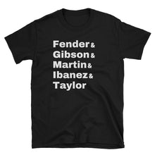 Load image into Gallery viewer, Fender Gibson Martin Ibanez Taylor Gildan Tee - Indie Band Coach